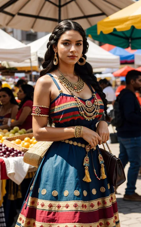 a woman in a colorful dress standing in front of a fruit stand