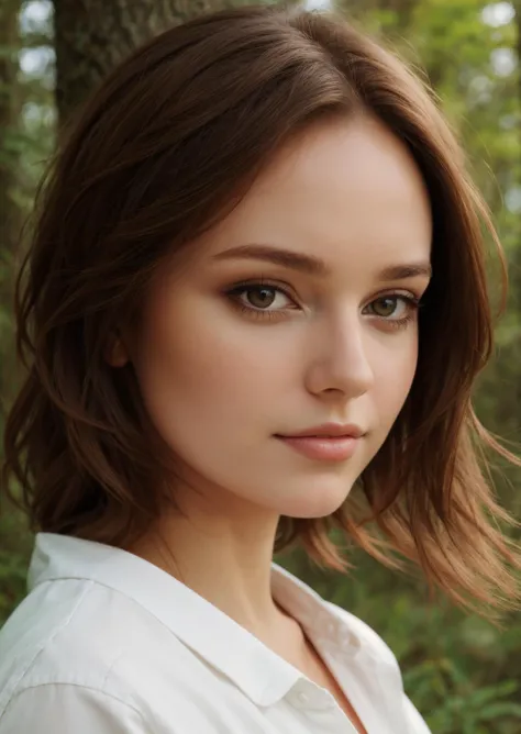 a close up of a woman with a white shirt and a forest