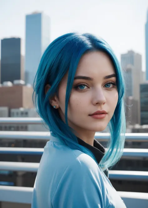 a woman with blue hair and a blue shirt standing on a bridge