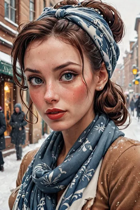 by james jean and norman rockwell, (realistic pin up illustration: 1.4), (hdr: 1.21), 4k, masterpiece, (high quality: 1.2), (detailed face: 1.2), (detailed eyes: 1.3),Ultra Realistic,  Jasmine, elegant, adjusting hair, classy scottish scarf, flirty, walking on snowy streets in Stockholm, B&W picture, <lora:Cine Princesses:0.8>