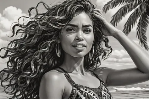 black and white drawing in the style of john byrne, moana, <lora:Cine Princesses:0.8>, classy, elegant, glam, chill, adjusting h...