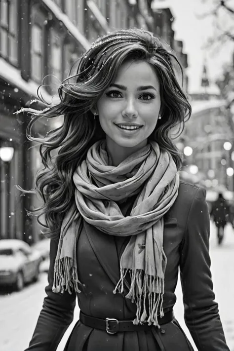 Ultra Realistic,  Jasmine, elegant, adjusting hair, classy scottish scarf, flirty, walking on snowy streets in Stockholm, B&W picture, <lora:Cine Princesses:0.8>