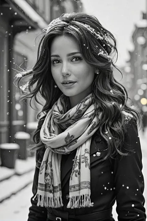 Ultra Realistic,  Jasmine, elegant, adjusting hair, classy scottish scarf, flirty, walking on snowy streets in Stockholm, B&W pi...
