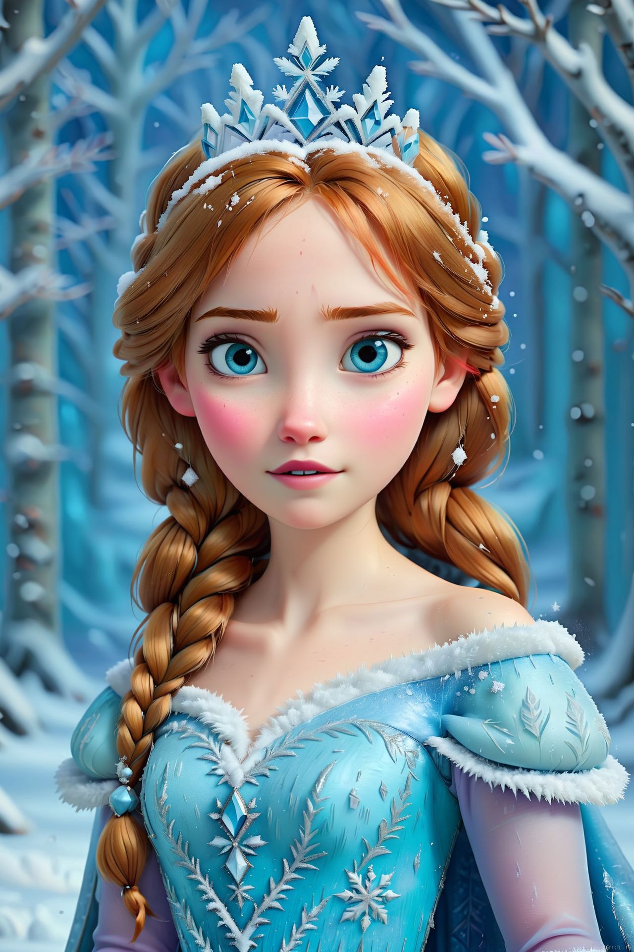 A close up of a frozen princess with long hair and blue dress - SeaArt AI