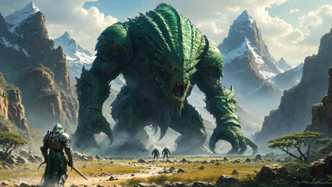 a man walking in front of a giant monster in a mountain