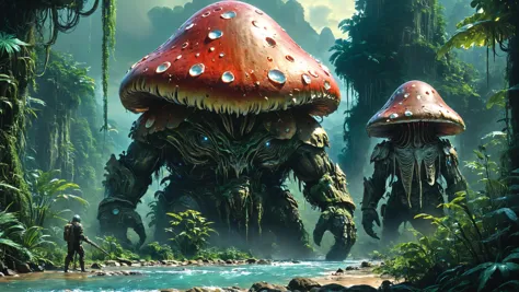 alien landscape, Biomechanical towering metallic giants, Giant mushrooms towering like colossal pillars, Crystal-clear river win...