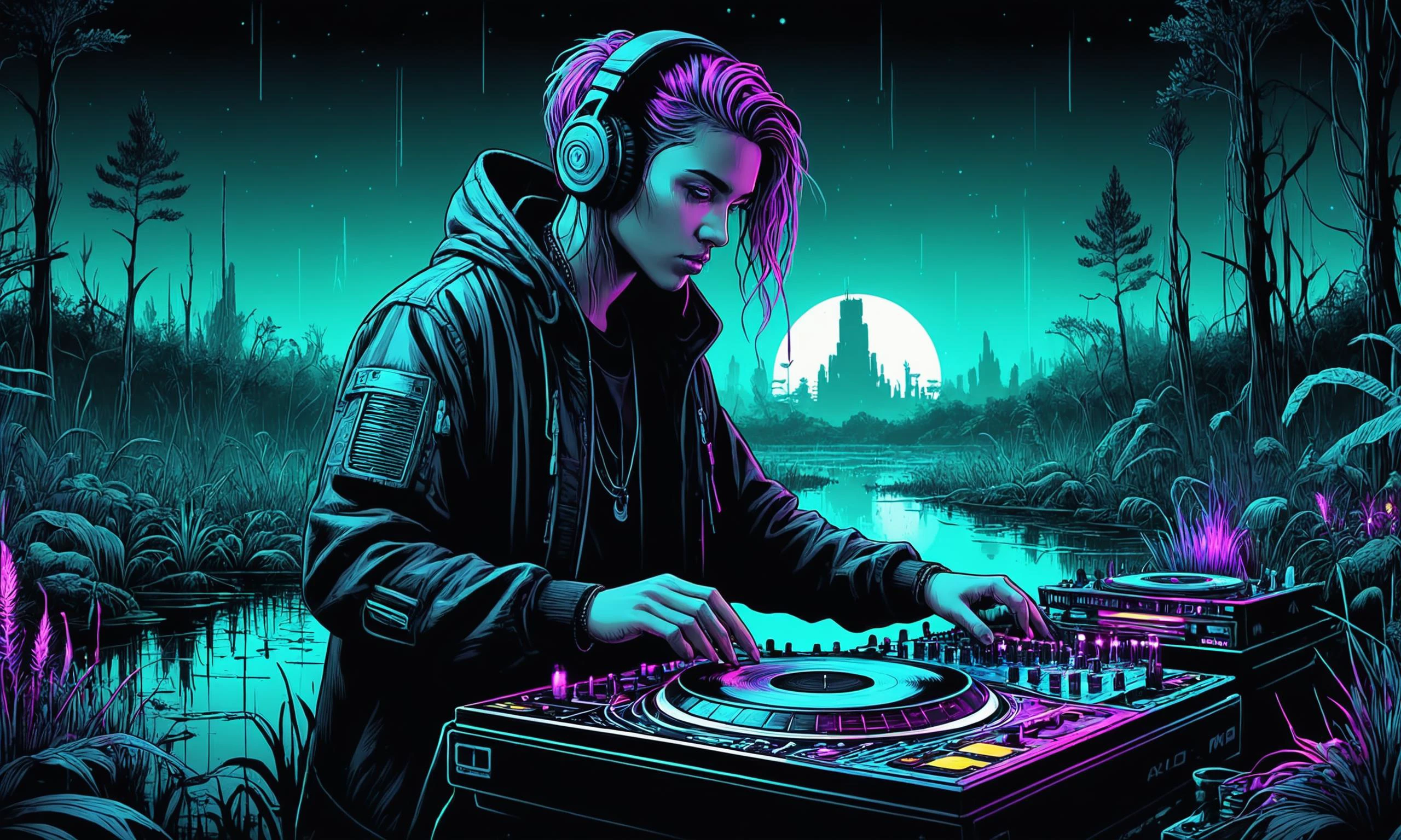 Belle illustration numérique détaillée d&#39;un DJ Cyberpunk mélangeant des rythmes synthétiques dans un marais sombre avec des feux follets menant des œuvres d&#39;art à l&#39;encre égarées, dessin au trait, PENÉonUV