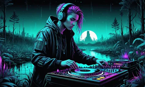 Beautiful detailed digital illustration of a Cyberpunk DJ mixing synthetic beats at a Dark swamp with will-o'-wisps leading astr...