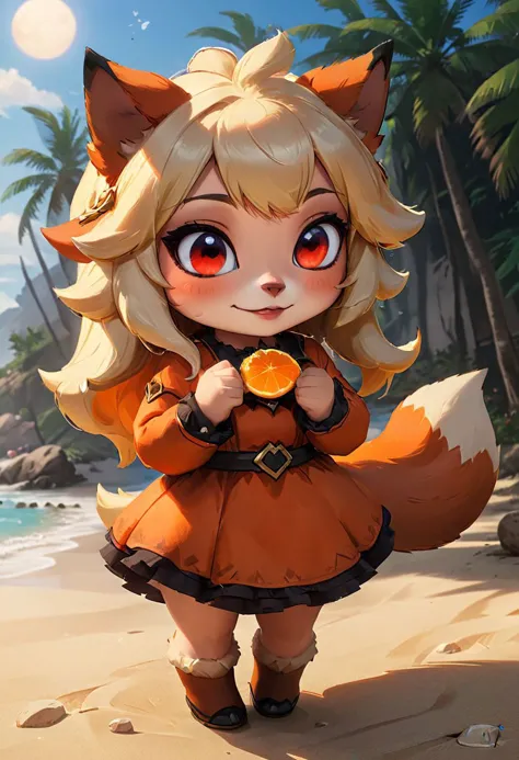 furry fox girl, ((brown fox)), (chibi), 
bad fox, with red big eyes,  beach,
(orange) dress, portrait, long blonde hair,
Hyperrealistic art high-quality portrait flat matte drawing of a cute Nendoroid and cartoon style, anime flat style, thick drawing, medium close-up", (solo:1.2), photorealistic:1.5, 8k, texture skin, realistic skin, detailed skin, highest detailed, extreme detailed, 8k wallpaper, colorful, (dark magic), ring with the stone, (intricate details), (hyperdetailed), 8k hdr, high detailed, lot of details, high quality, soft cinematic light, atmospheric perspective (focus on), color Ink wash painting, Extremely high-resolution details, photographic, realism pushed to extreme, fine texture, incredibly lifelike,