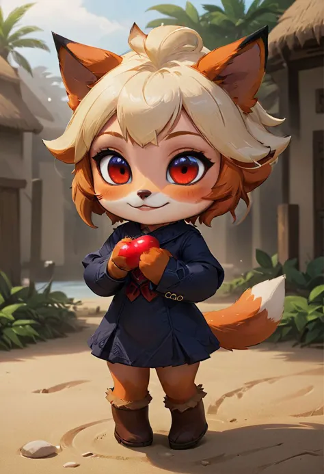 a cartoon fox with a red apple in her hand