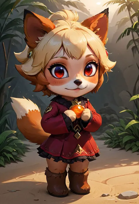 a cartoon fox with a red coat and a red coat holding a small orange