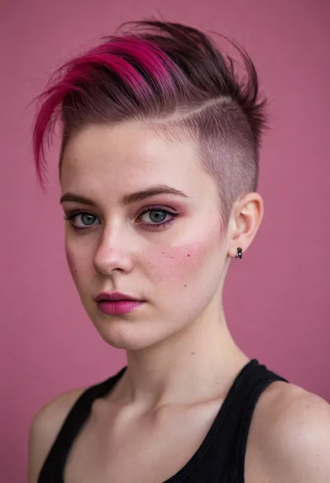 photo, young adult woman, punk hairstyle shaved on one side, from iceland, (pale skin:0.2), black with hot pink, alluring, double exposure, bokeh, <lora:skin_4-000015:0.25>  <lora:Beautify-Supermodel-SDXL:0.4>