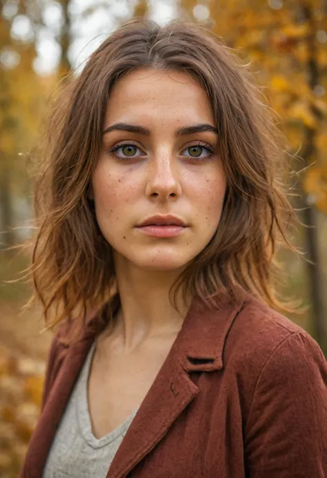 a close up of a woman with a brown jacket and a brown shirt