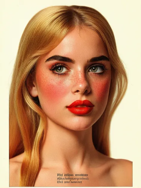 photorealistic, 8k, detailed, young woman, long shiny blonde hair, black eyeliner, black mascara, makeup, red blush, blunt bangs, red glossy lipstick, applying mascara, diagram, parts, instructions, text, innocent, submissive, big eyes, freckles, looking up at viewer, magazine ad, vitange ad, vintageillustration, supermodel face, <lora:vintageillustration:1> <lora:Supermodel-SDXL:.5>