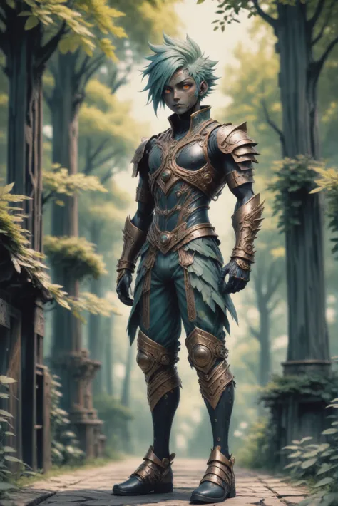 anime style, bronze forest automaton, full body, character concept art, (full body:1.2), 1boy, man, masculine, solo, [:formal co...