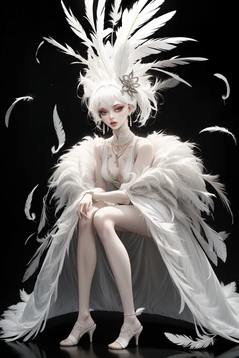 1girl,solo,(full body:1.5),long legs,small breasts,childish,jewelry,looking at viewer,earrings,hair ornament,white hair,feathers,black background,simple background,upper body,necklace,lips,makeup,eyelashes,parted lipsa white woman with feathers in this image,in the style of intricately sculpted,luminous portraits,detailed costumes,8k resolution,onii kei,atmospheric mood,wealthy portraiture, <lora:ww-000012:0.4>, <lora:MildDetailAdjusterV10_4:0.8>,theatrical performances, <lora:ClothingAdjuster2:0.8>,bright light,cinema light, (masterpiece, best quality, high quality, highres, ultra-detailed)