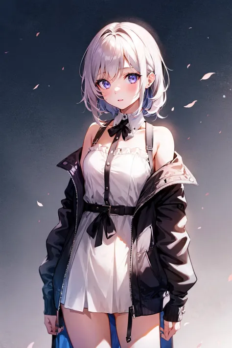 anime girl with blue eyes and a black jacket standing in front of a dark background