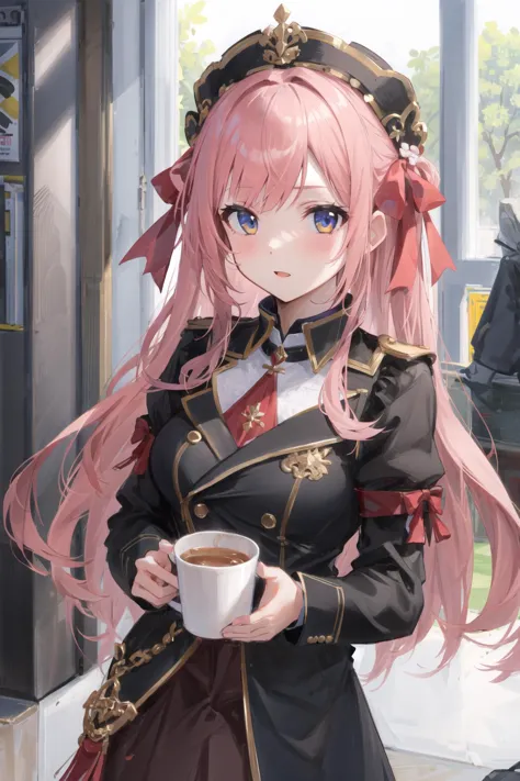 anime girl with pink hair holding a cup of coffee