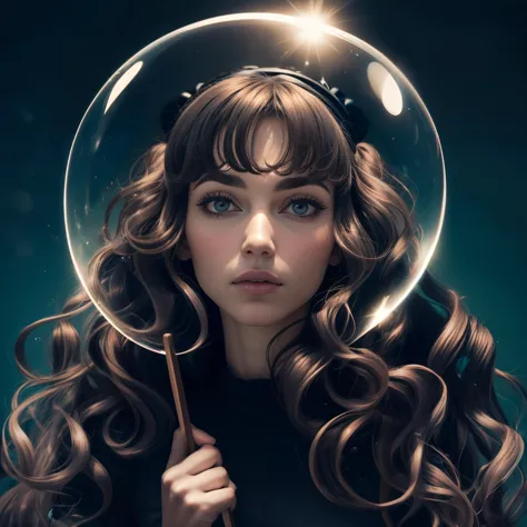 a woman with a glass bubble head and a wand in her hand