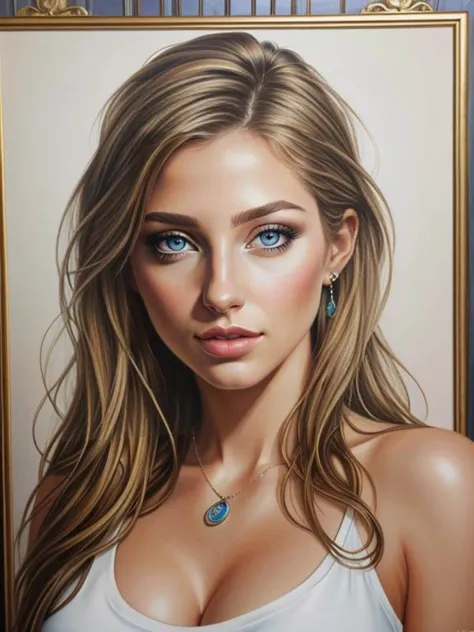 a painting of a woman with blue eyes and long hair