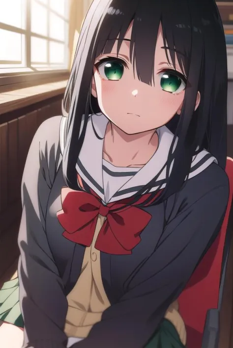 mimoritougou, <lora:mimoritougou-lora-nochekaiser:1>,
mimori tougou, long hair, (black hair:1.5), (green eyes:1.5),
BREAK skirt, long sleeves, school uniform, bow, bowtie, serafuku, red bow, cardigan,
BREAK looking at viewer,
BREAK indoors, classroom,
BREAK <lora:GoodHands-vanilla:1>, (masterpiece:1.2), best quality, high resolution, unity 8k wallpaper, (illustration:0.8), (beautiful detailed eyes:1.6), extremely detailed face, perfect lighting, extremely detailed CG, (perfect hands, perfect anatomy),