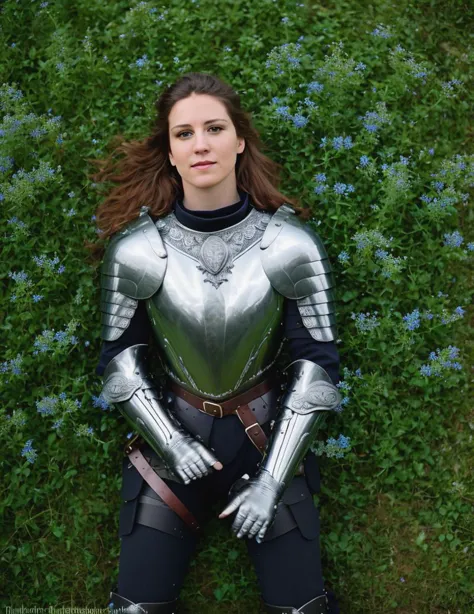 a woman in armor poses for a picture in front of a bush