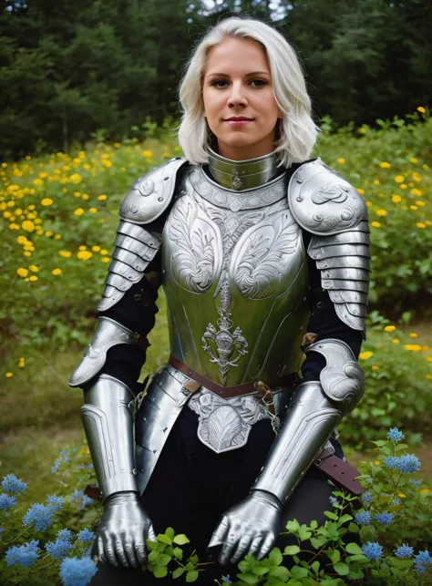 a close up of a woman in a silver armor posing for a picture