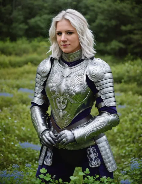 a close up of a woman in a silver armor standing in a field