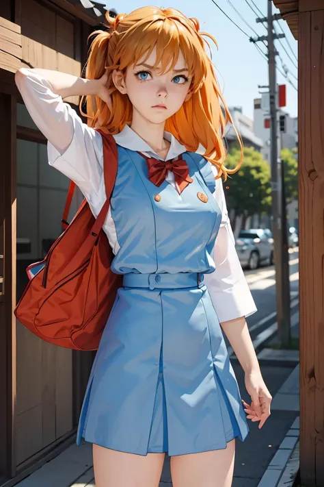 (masterpiece, best quality), 1girl,  <lora:AsukaUn:1> AsukaUn, Two side up, Orange hair, Tokyo-3 middle school uniform, Blue ves...