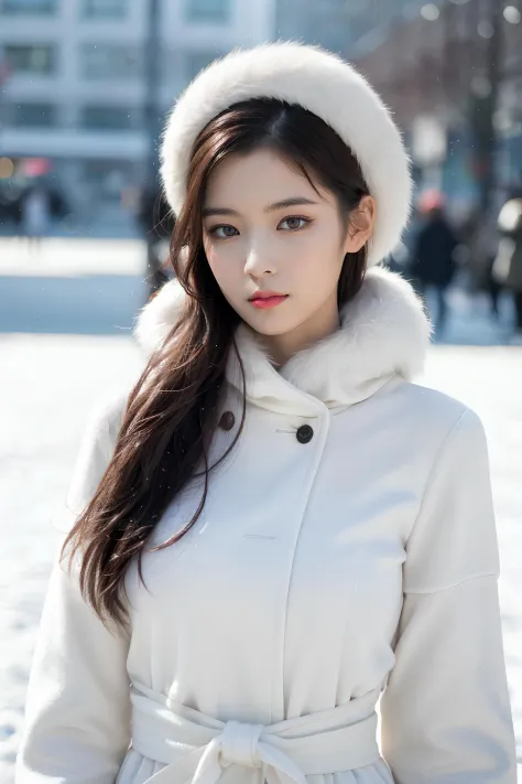 (mature body), (upper body:1.2), nikon RAW photo,8 k, Fujifilm XT3,masterpiece, best quality, realistic, photorealistic, ultra detailed, extremely detailed face, solo,1girl, standing, fashionable and trendy atmosphere, and a stylish expression on her face, close up, (narrow waist), white snow witch, wearing eskimo,