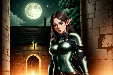 fantasy, medium shot, a beautiful female rogue vaults over a wall, dark leather armor, elf ears, medieval city, night, moonlight...