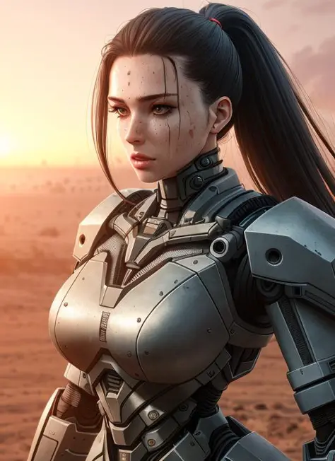 realistic photo of ((woman in a hulking hydraulic biomechanical exoskeleton armored robot)), (detailed face), sunset, sweaty, gr...