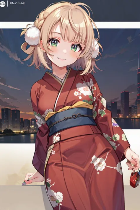 (masterpiece, best quality, highres, absurdres, best illumination, illustration, bright pupils,  finely detailed beautiful eyes, disheveled hair),   lighting on face, shiny_face, best_lighting, front_lighting,  ((colorful theme)),  dutch angle, white wall,  arms down, city,  cherry blossoms, from bottom, outdoors,  1girl, cityscape,
shigure ui \(vtuber\),  pom_pom_hair_rings, smirk, Japanese clothes, kimono, furisode, medium_breasts, full_body, short_hair,  floral print, portrait