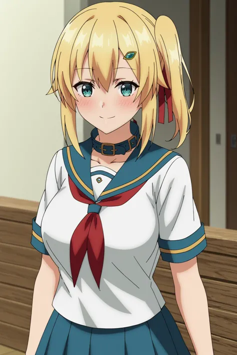 anime girl in uniform with ponytail hair and blue eyes