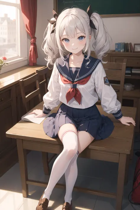 (masterpiece, ultra high res, best quality:1.1), flat color, 1girl, solo, (overknee socks), (school uniform), white hair, twintails, [smile],