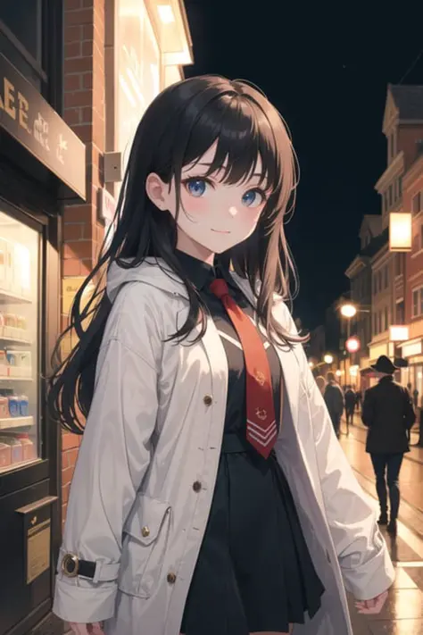 (masterpiece, ultra high res, best quality:1.1), (flat color), 1girl, solo, teen, cowboy shot, (depth of field:1.2), (night), (long coat), downtown, (street light:1.1), (Fantastic lighting), looking at viewer, black hair, long hair, [smile], (Closed mouth)