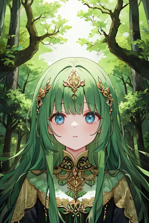 a girl with long green hair and blue eyes in a forest