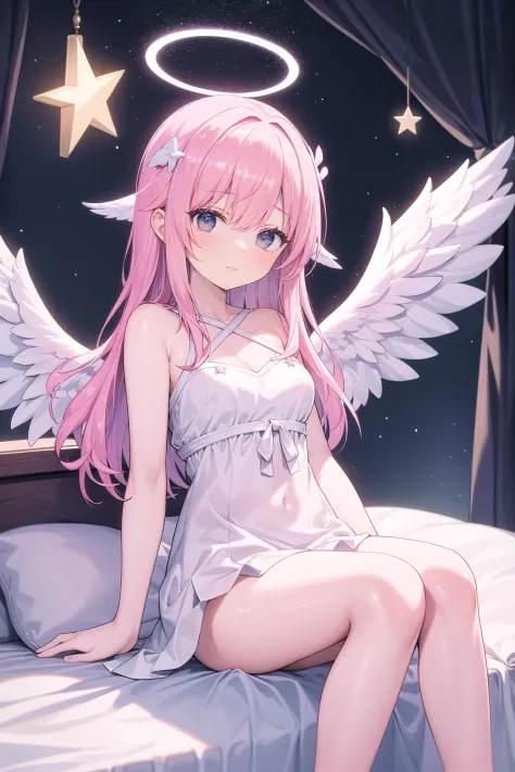 ((masterpiece, best quality)), a girl with pink hair and angel wings sitting on a bed with a star above her head and a halo abov...