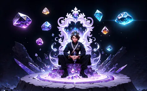 Style-GravityMagic, looking at viewer, solo, upper body, detailed background, close up,  detailed face, (yang,  yinyangtech theme:1.1), crystal wizard, levitating, sitting, crystal themed clothes, crystal crown, rocks floating in the air, glowing magical rocks, surrounded by purple magical jewels, amethyst, rock formations, stalactites,  magical floating particles,  crystal dust,  icy landscape background,   epic ethereal atmosphere,  reflections, , (high quality, very realistic, photorealistic:1.4),