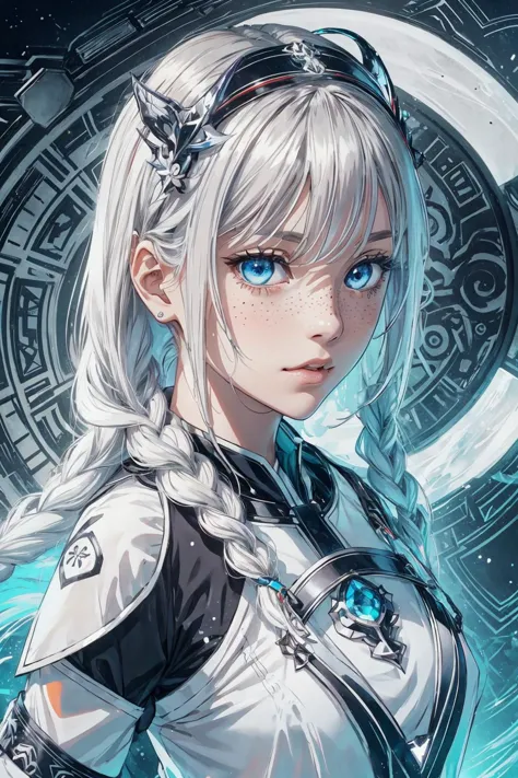 1 girl, adult  woman, freckles, light blue eyes, gray dutch braid, 
 portrait, looking at viewer, solo, (full body:0.6), detailed background, close up, shining (yinyangtech theme:1.1), divine angel of time,  limitless time,   clockwork, sands of time,  hourglass in background, symmetrical composition, majestic divine atmosphere, bright light, holy aura, bloom,  divine light, white clothes,  blessing, relaxed composure, 
(tangbohu-buff:1.0),