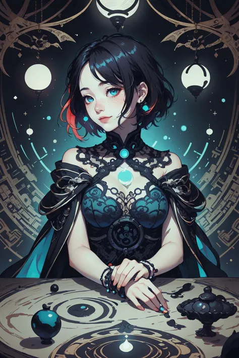 (intricate detail, beautiful:1.2), 1 girl, adult  woman, freckles, turquoise eyes, auburn short hair, ombre, 
Style-GravityMagic, portrait, looking away, solo, from side, side view, upper body, detailed background, close up, glowing eyes, (yang,  yinyangtech theme:1.1), fortune teller, charlatan, sinister smile, sitting at table, colorful loose  gypsy fortune teller clothes,  tarot cards, , colorful beads, scattered around, tent interior background,  tent curtains in background, lanternlight, eerie occult atmosphere,