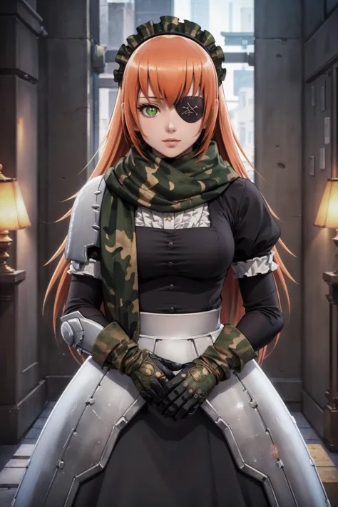 (Masterpiece, Best Quality, Highres:1.4), Detailed, Intricate Details, 4K,
cz2128 delta, green eyes, eyepatch, maid maid headress, 1girl, armor, camouflage, scarf, gloves,
pov, from front, up close, looking at viewer, parted lips, slight smile,
 <lora:cz-overlord:0.6>