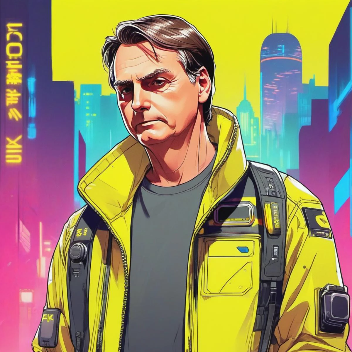 "ciberpunk, bolsonaro man, Rosto neutro, ciberpunk yellow jacket, fundo neon simples, cinematic, 2d, manga, QG, (ciberpunk edgerunners style:1.1), in a ciberpunk outfit. futurista