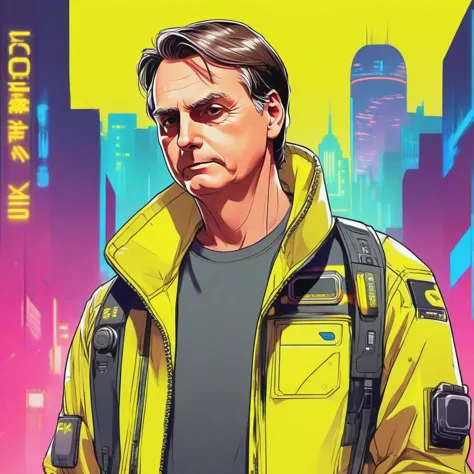 "ciberpunk, bolsonaro man, cara neutra, ciberpunk yellow jacket, fondo de neón simple, cinematográfico, 2D, manga, sede, (ciberpunk edgerunners style:1.1), in a ciberpunk outfit. Futuristic