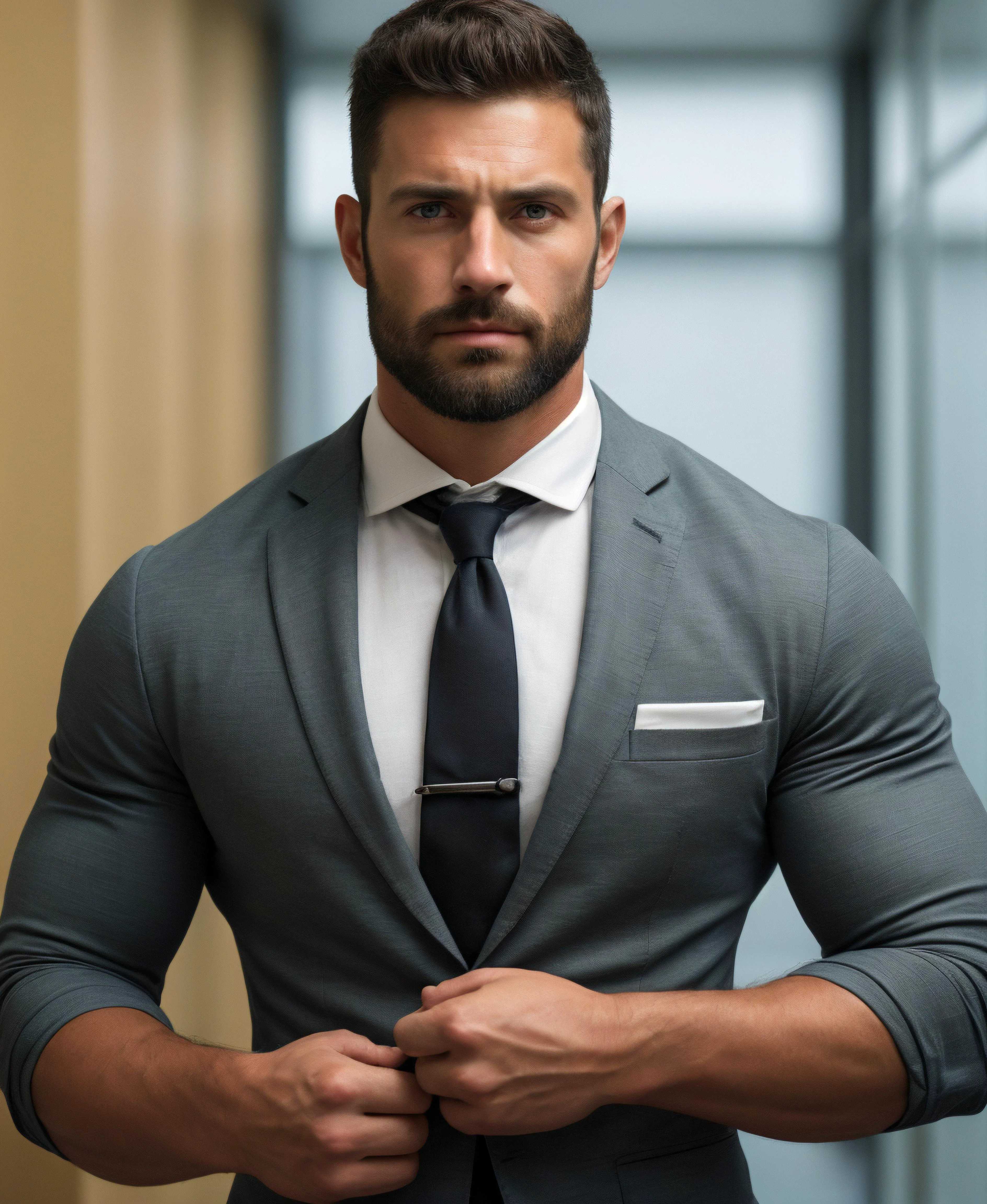 1male, 1 chico, barba, muscular, rostro, (ropa:1), (abogado:1.1) traje uniforme, Obra maestra, Detalles altos, alta calidad, mejor calidad, alta resolución, vista en primera persona