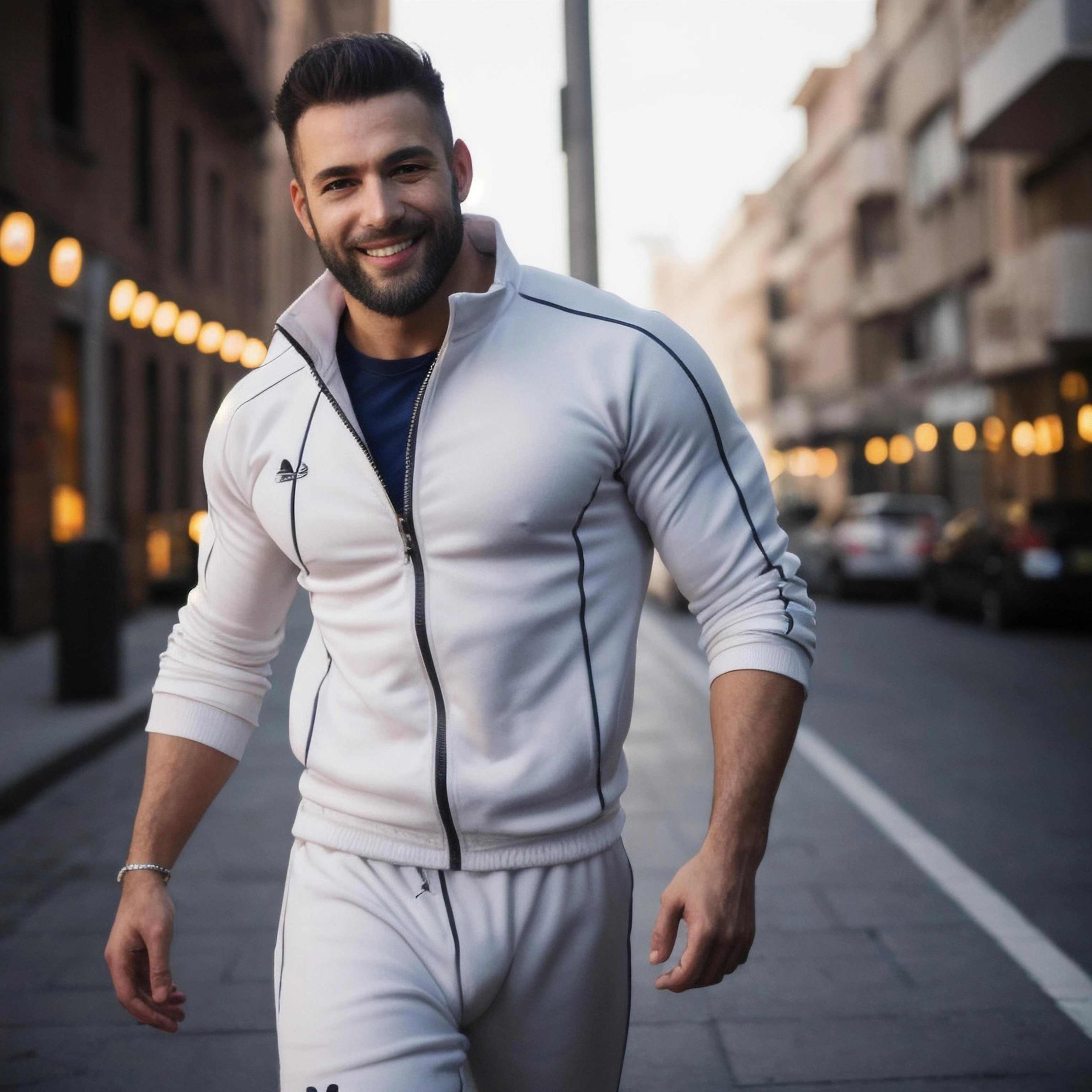 photo of muscular bearded (man) in a worn ((skin-revealing skimpy erotic white tracksuit, massive hairy pecs)), big pecs, big arms, large bulge, ((light bokeh)), intricate, (steel metal [rust]), elegant, erotic, exuding sexual energy, homoerotic, sharp focus, photo by greg rutkowski, soft lighting, vibrant colors, (masterpiece), ((streets)), (detailed face), looking at viewer, light smile,