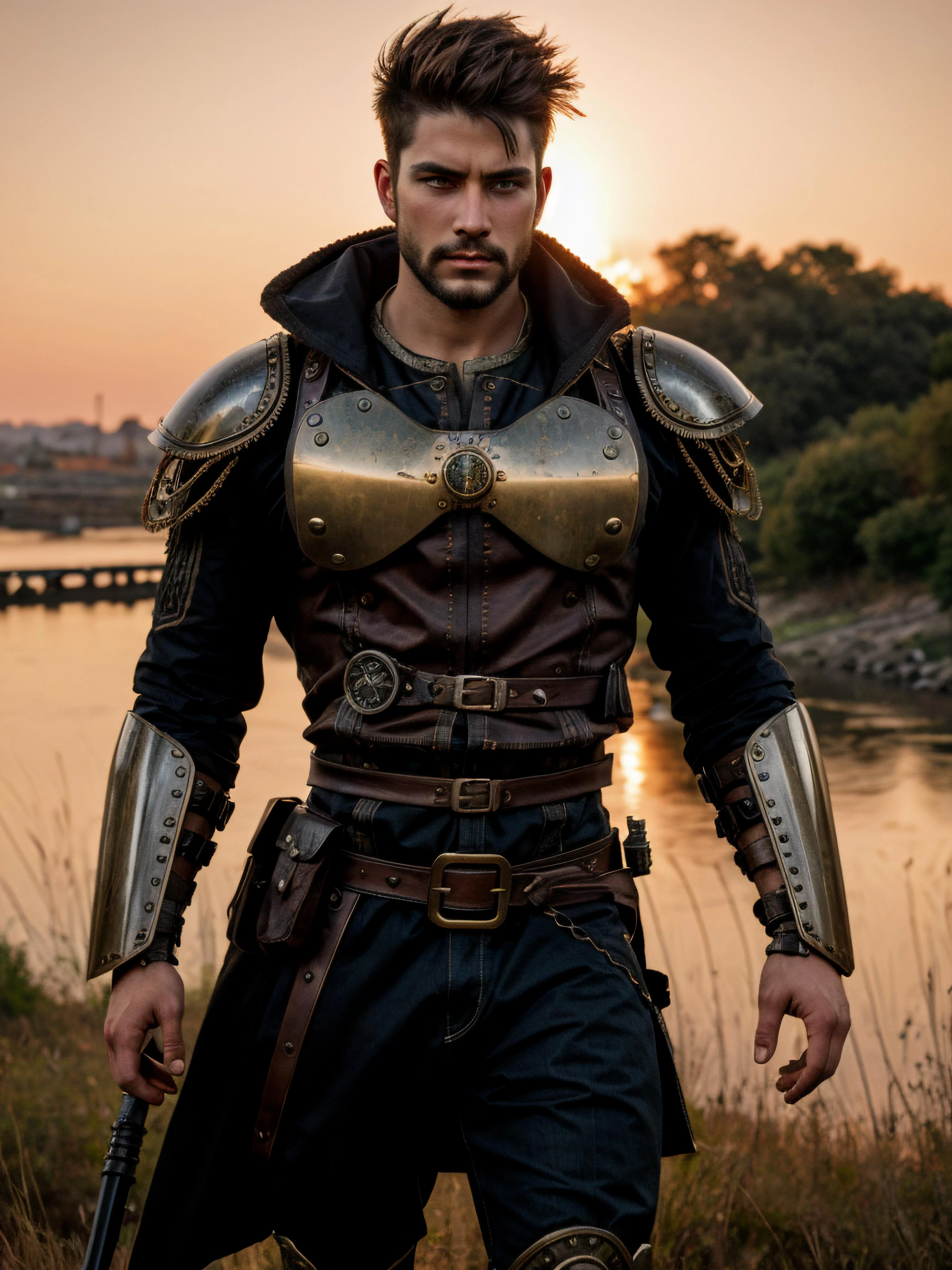 steampunk warrior man, beste Qualität, HDR, RAW-Foto, Filmkorn, Cinestill 50D, kompliziert, elegant, sehr detailliert, HDR, Filmische Beleuchtung, Sonnenuntergang