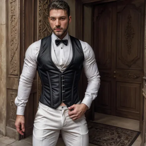 c0rset, photo of a handsome (Hungarian man), wearing white corset vest, (black shirt), (white pants), foyer, outdoors, (beard:1....
