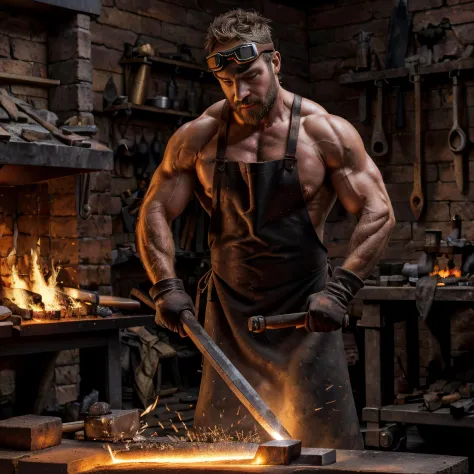 sexyblacksmith, gloves, naked apron, goggles, holding hammer, fire, anvil, spark, photo of a man forging a sword, realistic, mas...