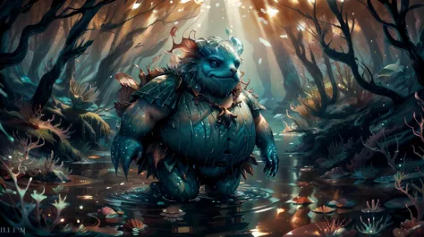 (masterpiece, best quality, fullscreen), [(full body:1.1)::0.5] portrait (photo of a fat underwater Creeping water [magical bein...